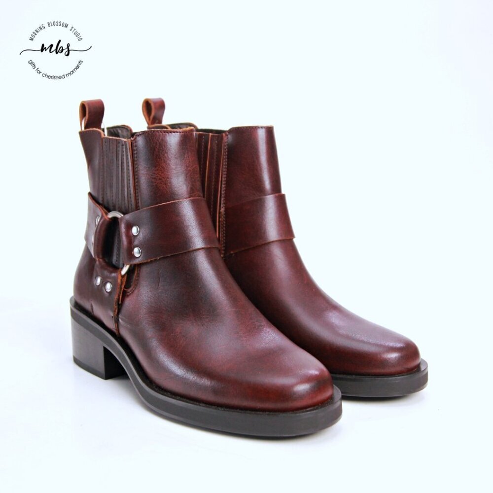 NWT Cruza Sophia‎ Leather Harness Ankle Boots Brown Women US 6.5 EU 37